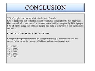 39% of people report paying a bribe in the past 12 months.
62% of people feel that corruption in their country has increased in the past three years
Government leaders were named as the most trusted to fight corruption by 38% of people.
81% of people agree that ordinary people can make a difference in the fight against
corruption.
CORRUPTION PERCEPTIONS INDEX 2013
Corruption Reception Index states the corruption rankings of the countries and their
scores. Following are the rankings of Pakistan and score during each year.
139 in 2009,
143 in 2010,
134 in 2011
139 in 2012.
127 in 2013
 