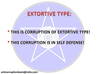 EXTORTIVE TYPE:* THIS IS CORRUPTION OF EXTORTIVE TYPE!* THIS CORRUPTION IS IN SELF DEFENSE!anticorruptionteam@india.com
