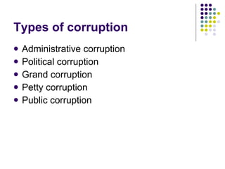 Types of corruption  Administrative corruption  Political corruption Grand corruption  Petty corruption  Public corruption  