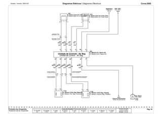 Versão / Versión: 09/01/02 Diagramas Elétricos / Diagramas Eléctricos Corsa 2002 
7 
AK5 
Cj. Módulo-Apoio Infl. Si Bco./Motorist. 
AK5 
AK5 
4 3 30 5 
Muelle Reloj / St W 
9 8 6 7 
AK5 
XM131. 
0.35 
AM131. 
AK5 
Cj. Asiento del Conductor Cj. Asto. Acompañante 
16 15 
AK5 
Diagnóstico Distr. Elétr. 
Diagnostico Distr. Eléctr. 
.00 .01 .02 .03 .04 .05 .06 .07 .08 .09 .10 .11 .12 .13 .14 .15 .16 .17 .18 .19 .20 .21 .22 .23 .24 .25 .27 .30 .31 .32 .33 .34 .35 .37 .40 .42 .43 .44 .45 .47 .48 .50 .51 .52 .53 .54 .55 .56 
.26 .28 .29 .36 .38 .39 .41 .46 .49 
AK5 
BM120. 
0.35 
15 
B120. 
0.35 
16 
3 4 
4 
AK5 
0.35 
3 
AK5 
AB131. 
0.35 
2 
Y135 
1 2 
XB131. 
0.35 
A79 
1 2 
Y133 
1 
A24 
2 1 
A63 
2 1 
24 25 
10.25 
15.25 
8 
XB120 
0.35 
50.21 
8 
. 
08.46 
X10. 
0.50 
67.15 
7 
P10. 
0.50 
Cores dos Circuitos / Colores de los Circuitos 
A = Vermelho 
Rojo 
B = Amarelo 
Amarillo 
F = Preto 
Negro 
M = Branco 
Blanco 
P = Azul 
Azul 
R = Cinza 
Gris 
U = Verde 
Verde 
X = Marrom 
Marrón 
Y = Violeta 
Violeta 
Circuitos sem bitola 
Circuitos sin Calibre 
Indicada = 0,75 mm2 
Senãlada = 0,75 mm2 
B B/M X P 
X/B A/B A/M X/M X/B 
Cj. Módulo-Apoio Infl. Si Bco./Pass. 
Cj. Módulo-Apoyo Infl. Si Asto./Cond. 
Cj. Módulo-Apoyo Infl. Si Asto./Pasaj. 
Mola Relógio / St W 
Mola Relógio / Pnl Instr. 
Muelle Reloj / Tbl Instr. 
Cj. Módulo-Contr. Apoyo Infl. 
Unidad de Control - Air Bag 
Cj. Módulo-Ctr. Apoio Infl. 
Unidade de Controle - Air Bag 
Cj. Banco do Motorist. 
Conector de Retenção 
Cj. Banco Acompanhante 
Conector de Retenção do Acompanhante 
Conector de Retención del Acompañante 
Conector de Retención 
Cj. Retract.-Cint. Seg. Conductor Cj. Retract.-Cinturón Seg. Pasajero 
Tablero de Instrumentos 
Distr. Masa 
Cj. Retract.-Cinto Seg. Motorist. Cj. Retract.-Cinto Seg. Passag. 
Painel de Instrumentos 
Distr. Massa 
Proteção dos Ocupantes 
Protección de los Ocupantes 
Pág. 43 
 