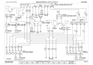 Versão / Versión: 09/01/02 Diagramas Elétricos / Diagramas Eléctricos Corsa 2002 
Distr. Elétr. Distr. Elétr. 
TR6 
M 
Int. Luzes 
Luz de Neb.-Diant.Luz de Neb.-Tras. Int. Luces 
Lámp.-Luz Nebl. Delant. Lámp.-Luz Nebl. Delant. 
XB101. 
M 
15 30 
0 
3 2 1 0 
1 2 
31 
Cj. Interr.-L. teto y Reós Lamp. Pnl. Instr. y Faro 
BCM 
Blinker LH HeadLamp 
High Beam 
R1 
R2 
R3 
R4 
R5 
R6 
Blinker RH 
Flasher 
K66R 
BCM 
55 
BCM 
6 
81 
07.37 06.40 
K66L 
86 
Farol Baixo 
39.44 
Faro Bajo 
FU3. 
FU2. 
0.5 
F39 
F36 F37 
B2. 
RA102 
F38 
Cj. Interr.-Ind. Advert. 
FM3. 
FM2. 
FU1. 
38.24 
05.44 
B9. 
TR6 
TR6 
38.10 
38.05 
TR6 
B8. 
RA101. 
BCM 
M2. 
F41 
T79 
FP2. 
Distr. Massa 
Mazo Cond. Tbl. Instr. Distr. Elétr. 
Distr. Massa 
Farol Alto Farol Baixo Luz Estac. Sinaliz. Dir. 
Faro Alto Faro Bajo Luz Estac. Indic. Dir. Nivelamto. Farol 
Nivelamto. Faro 
Cj. Faro-(Accion. Nivelamto.) 
Cj. Farol/Acion. 
Farol Alto Farol Baixo Luz de Estacion.Sinal Dir. 
Faro Alto Faro Bajo Luz de Estacion. Indic. Dir. Nivelamto. Farol 
Nivelamto. Faro 
Cj. Faro/Acion. 
.04 .10 .11 .17 .22 .23 .36 .42 .53 
42 
6 
BCM 
.25 .27 
13 
.46 .47 
87 54 
BCM 
38.08 
.37 .55 
21 
K54 
84 
K54 
53 
.08 
84 
.20 .21 
80 
M1. 
HATCHBACK 
2 
.00 .30 .33 .43 
.48 
73 
.16 .18 .19 .24 .28 .29 
K45 
.06 .13 .51 
.26 .45 .50 .52 
6 
25 
.12 .14 .15 .31 .39 .44 
K39 
.01 .03 .05 .07 .09 
.32 .38 .40 .41 .49 .54 .56 
K58 
6 
3 
.02 .34 .35 
09.21 
05.14 
05.19 
F41 
05.34 
1.0 
1 
. 
0.5 
E69L 
TR6 
XB102. 
0.75 
39.41 
F43 
05.25 
7 5 6 
8 
E121L 
1 
2 3 4 
09.14 
0.5 
2 3 4 7 5 6 
8 
16.09 
E121R 
1 
06.37 
0.5 
BCM 
38.21 
38.20 
54.38 
38.42 
BCM 
0.5 
FM1. 
0.5 
TR6 
B5. 
0.75 
38.14 
BCM 
54.33 54.35 
TR6 
XB100. 
0.75 
BCM 
20 
38.37 
0.5 
B1. 
1.0 
9 8 7 6 12 2 3 11 5 4 
0.5 
S124 
10 1 
RA100. 
0.5 
11 
11 
38.14 
BCM 
17.07 
3 
38.40 
S121/S229 
2 1 
17.16 
17.13 
17.11 
17.19 
F42 5 
BCM 
S120 
1 
2 
4 3 
B20. 
1.5 
TR6 
0.5 
0.75 
38.45 
05.37 
F44 05.30 
E69R 
1 
2 
XB100. 
0.5 
BCM 
38.48 
RF30. 
0.5 
B5. 
0.75 
15.52 
54.51 
20 
17.18 
0.75 
0.50 
0.50 
0.75 
Cores dos Circuitos / Colores de los Circuitos 
A = Vermelho 
Rojo 
B = Amarelo 
Amarillo 
F = Preto 
Negro 
M = Branco 
Blanco 
P = Azul 
Azul 
R = Cinza 
Gris 
U = Verde 
Verde 
X = Marrom 
Marrón 
Y = Violeta 
Violeta 
Circuitos sem bitola 
Circuitos sin Calibre 
Indicada = 0,75 mm2 
Senãlada = 0,75 mm2 
B X/B 
B X/B 
F/M F/U R/A B 
M B R/F F/M B X/B 
F/P F/M F/U R/A 
M B R/A F/U B X/B 
Distr. Elétr. 
Distr. Elétr. 
Distr. Eléctr. 
Distr. Eléctr. 
Lâmp.-Luz Nebl. Diant. Lâmp.-Luz Nebl. Diant. 
Distr. Massa Distr. Massa 
Distr. Masa Distr. Masa 
Chicote Pnl. Instr. 
Carroç. Diant. 
Para Instrumentos 
Carroc. Delant. 
Para Instrumentos 
Distr. Eléctr. 
Distr. Elétr. 
Distr. Eléctr. 
Distr. Masa 
Distr. Masa 
Cj. Interr.-L. teto e Reos. Lâmp. Pnl. Instr. e Farol 
Cj. Interr. Cj.-Farol/Cj. Interr. Sinal./Dir. 
Cj. Interr. Cj.-Faro/Cj. Interr.-Ind. Dir. 
Cj. Interr.-Ind. Advert. 
Distr. Elétr. Distr. Elétr. 
Distr. Eléctr. Distr. Eléctr. 
Distr. Eléctr. Distr. Eléctr. 
Cj. Farol-(Acion. Nivelamto.) 
Distr. Massa 
Distr. Masa 
Ilum. Externa 
Distr. Massa 
Distr. Masa 
Ilum. Exterior 
Iluminação Externa 
Iluminación Exterior 
Pág. 53 
Luz de Neb.-Del. Luz de Neb.-Tras. Nivel. 
Faro 
Reóstato Ilum. 
Iluminación 
Comp. Pasaj. Símbolo Iluminación 
Luz Estac. 
Nivel. 
Farol 
Reostato Ilum. 
Iluminação 
Comp. Passag. Símbolo Iluminação 
Luz Estac. 
 