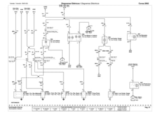 Versão / Versión: 09/01/02 Diagramas Elétricos / Diagramas Eléctricos Corsa 2002 
59.54 
C87/UA6 
R13. 
0.35 
MR2. 
3 
HATCHBACK 
ATWS 
63.27 
A21. 
2 
A30. 
Carroc. Delant. LI 
R2. 18.45 
C87 
A1. 
0.5 
J2-1 
C87 
S63RL 
R7. 
0.35 
A31/UA6 
12 
12 
A31 
0.5 
18.37 
R1. 
1 
1 
39.04 
BCM 
44 
R12. 
0.35 
R5. 
0.5 
UA6 
RD 
A32. 
C87/UA6 
RD 
A110. 
R370 
R91. 
Carroc. Tras. LI Carroc. Tras. LI 
XM9. 
20.18 
.00 .02 .03 .04 .05 .06 .07 .08 .09 .10 .11 .12 .13 .14 .15 .16 .17 .18 .19 .20 .21 
.22 .23 .24 .25 .26 .27 .28 .29 .30 .31 .32 .33 .34 .35 .36 .38 .39 .40 .41 .42 .43 .44 .45 .46 .47 .48 .50 .51 .52 .53 .54 .55 .56 
2 
59.54 
.01 .37 .49 
E67 
J1-1 
J2-1 
3 
A11. 
0.35 
UA6 
R3. 
0.5 50 
5 
42.33 
BCM 
UA6 
0.35 
0.35 
S39 
1 
2 
R8. 
07.48 
A31. 
0.5 50 
2 
1 
2 
S63P 
2 
S63RR 
2 
4 
5 
S63D 
1 2 
E62 
19 
E68 
1 
2 
R9. 
0.5 
19 
0.5 50 
. 
BCM 
40.41 
0.35 
0.5 
R310. 
0.35 
0.5 
A31 
44 
16.01 
XM19. 
0.35 
AU0 
5 
MR1. 
0.35 
0.35 
AU0 
39.03 
BCM 
0.5 
XM19. 
0.5 
C87 
BCM 
40.38 
XN5 
0.5 
E27 
1 
2 
XM991/XM99. 
0.5 
XN5 
07.22 
E94 
J1-1 
J3-1 
C87 
0.5 
E16_P2 
Cores dos Circuitos / Colores de los Circuitos 
A = Vermelho 
Rojo 
B = Amarelo 
Amarillo 
F = Preto 
Negro 
M = Branco 
Blanco 
P = Azul 
Azul 
R = Cinza 
Gris 
U = Verde 
Verde 
X = Marrom 
Marrón 
Y = Violeta 
Violeta 
Circuitos sem bitola 
Circuitos sin Calibre 
Indicada = 0,75 mm2 
Senãlada = 0,75 mm2 
M/R R R 
R R R 
R R 
R 
A 
A 
A 
A 
A 
X/M X/M 
X/M X/M 
M/R R 
R 
R R 
Vidro Elétr. Vidro Elétr. 
ECRB - Distr. Elétr. 
ECRB - Distr. Eléctr. 
Vent. Eléctr. Vent. Eléctr. 
Carroç. Diant. LE 
Chicote Luz Compart. Pass. 
Mazo Cond. Luz Compart. Pasaj. 
Chic. Pnl. Instr. 
Carroç. Tras. Esq. 
Chic. Pnl. Instr. 
Carroç. Tras. LD 
Chic. Luz Compart. Pass. 
Carroç. Tras. LE 
Mazo Cond. Tbl. Instr. Mazo Cond. Tbl. Instr. 
Carroc. Tras. LI 
Carroc. Tras. LD 
Mazo Cond. Luz Compart. Pasaj. 
Carroc. Tras. LI 
Carroç. Tras. LE Carroç. Tras. LE 
Chic. Pnl. Instr. Tampa Tras. 
Mazo Cond. Tbl. Instr. Tapa Tras. 
Distr. Massa 
Distr. Masa 
Cj. Luz-Leitura 
Cj. Luz-Reost. e Leitura 
Cj. Luz-Comp. Carga 
Cj. Luz-Reostato 
Cj. Luz-Lectura 
Cj. Luz-Reóst. y Lectura 
Cj. Luz-Comp. Carga 
Cj. Luz-Reóstato 
Distr. Masa 
Distr. Eléctr. 
Distr. Massa 
Distr. Elétr. 
Acend. Cigarros 
Encend. Cigarrillos 
Cj. Interr.-Trv. Pta. Motorista Cj. Interr.-Trav. Pta. Tras. LE Cj. Int.-Trv. Pta. Diant. LE Cj. Interr.-Trava Porta Cj. Interr.-Luz Comp. Carga 
Cj. Luz-Porta-luva 
Cj. Luz-Guantera 
Distr. Massa 
Distr. Masa 
Cj. Interr.-Trb. Pta. Conductor Cj. Interr.-Trab. Pta. Tras. LI Cj. Int.-Trb. Pta. Delant. LE Cj. Interr.-Traba Puerta Cj. Interr.-Luz Comp. Carga 
Iluminação Interna 
Iluminación Interior 
Pág. 57 
 