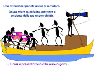 Una attenzione speciale andrà al rematore. Dovrà essere qualificato, motivato e cosciente delle sue responsabilità. …  E così si presentarono alla nuova gara…   