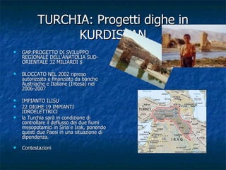 TURCHIA: Progetti dighe in KURDISTAN GAP:PROGETTO DI SVILUPPO REGIONALE DELL'ANATOLIA SUD-ORIENTALE 32 MILIARDI $ BLOCCATO NEL 2002 ripreso  autorizzato e finanziato da banche Austriache e Italiane (Intesa) nel 2006-2007 IMPIANTO ILISU 22 DIGHE 19 IMPIANTI IDROELETTRICI la Turchia sarà in condizione di controllare il deflusso dei due fiumi mesopotamici in Siria e Irak, ponendo questi due Paesi in una situazione di dipendenza. Contestazioni  