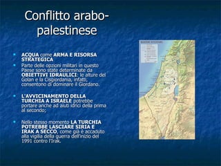 Conflitto arabo-palestinese ACQUA  come  ARMA E RISORSA STRATEGICA Parte delle opzioni militari in questo Paese sono state determinate da  OBIETTIVI IDRAULICI : le alture del Golan e la Cisgiordania, infatti, consentono di dominare il Giordano. L'AVVICINAMENTO DELLA TURCHIA A ISRAELE  potrebbe portare anche ad aiuti idrici della prima al secondo; Nello stesso momento  LA TURCHIA POTREBBE LASCIARE SIRIA E IRAK A SECCO , come già è accaduto alla vigilia della guerra dell'inizio del 1991 contro l'Irak. 
