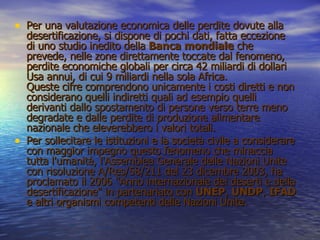 Per una valutazione economica delle perdite dovute alla desertificazione, si dispone di pochi dati, fatta eccezione di uno studio inedito della  Banca mondiale  che prevede, nelle zone direttamente toccate dal fenomeno, perdite economiche globali per circa 42 miliardi di dollari Usa annui, di cui 9 miliardi nella sola Africa. Queste cifre comprendono unicamente i costi diretti e non considerano quelli indiretti quali ad esempio quelli derivanti dallo spostamento di persone verso terre meno degradate e dalle perdite di produzione alimentare nazionale che eleverebbero i valori totali.  Per sollecitare le istituzioni e la società civile a considerare con maggior impegno questo fenomeno che minaccia tutta l'umanità, l'Assemblea Generale delle Nazioni Unite con risoluzione A/Res/58/211 del 23 dicembre 2003, ha proclamato il 2006 "Anno internazionale dei deserti e della desertificazione" in partenariato con  UNEP ,  UNDP ,  IFAD  e altri organismi competenti delle Nazioni Unite.   