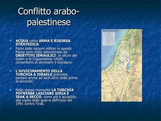 Conflitto arabo-palestinese ACQUA  come  ARMA E RISORSA STRATEGICA Parte delle opzioni militari in questo Paese sono state determinate da  OBIETTIVI IDRAULICI : le alture del Golan e la Cisgiordania, infatti, consentono di dominare il Giordano. L'AVVICINAMENTO DELLA TURCHIA A ISRAELE  potrebbe portare anche ad aiuti idrici della prima al secondo; Nello stesso momento  LA TURCHIA POTREBBE LASCIARE SIRIA E IRAK A SECCO , come già è accaduto alla vigilia della guerra dell'inizio del 1991 contro l'Irak. 