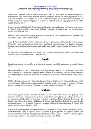 Visione 6000 - Grande Israele
Induve ùn ci hè visione, u populu perisce: ma quellu chì osserva a lege, felice hè ellu. Pruverbii 29:18
Benedetta a nazione chì u so Diu hè u Signore, è u populu ch'ellu hà sceltu per a so eredità. Salmu 33:12
13
Libanu finu à u grande fiume, u fiume Eufrate, tutta a terra di l'Ittiti, è finu à u grande mare versu u
tramontu di u sole, serà a vostra fruntiera. Nimu ùn puderà stà davanti à tè tutti i ghjorni di a to vita;
cum'è eru cun Mosè, cusì seraghju cun tè: ùn ti abbanduneraghju micca, nè ti abbanduneraghju. Sii
forte è curaghjosu: perchè à stu populu tu sparterai in eredità a terra, chì aghju ghjuratu à i so babbi
di dà li. Ghjosuè 1:1-6
È quessi sò i paesi chì i figlioli d'Israele anu ereditatu in u paese di Canaan, chì Eleazar, u sacerdote,
è Ghjosuè, figliolu di Nun, è i capi di i babbi di e tribù di i figlioli d'Israele, anu distribuitu per
eredità à elli. Ghjosuè 14:1
David hà ancu scunfittu Hadadezer, figliolu di Rehob, rè di Zoba, mentre andava à ricuperà u so
cunfine à u fiume Eufrate. 2 Samuele 8:3
Ancu di l'alleanza ch'ellu hà fattu cù Abraham, è di u so ghjuramentu à Isaac; è l'hà cunfirmatu per
Ghjacobbu cum'è una lege, è per Israele cum'è un allianza eterna, dicendu: À tè daraghju a terra di
Canaan, a sorte di a to eredità; Quandu erate pochi, ancu pochi, è stranieri in ella. 1 Cronache 16:16-
19
È David hà scunfittu Hadarezer, rè di Zoba, finu à Hamath, mentre ch'ellu andava à stabilisce u so
duminiu vicinu à u fiume Eufrate. 1 Cronache 18:3
Puesia
Benedetta a nazione chì u so Diu hè u Signore, è u populu ch'ellu hà sceltu per a so eredità. Salmu
33:12
Quale pattu ch'ellu hà fattu cù Abrahamu, è u so ghjuramentu à Isaac; è l'hà cunfirmatu à Ghjacobbu
cum'è una lege, è à Israele cum'è un pattu eternu, dicendu: À tè daraghju a terra di Canaan, a sorte di
a to eredità; Quandu eranu solu pochi omi in numeru; iè, assai pochi, è stranieri in ella. Salmu 105:9-
12
Chì hà culpitu grandi nazioni, è hà tombu rè putenti; Sihon, rè di l'Amorei, è Og, rè di Basan, è tutti i
regni di Canaan; è hà datu a so terra in eredità, in eredità à Israele, u so populu. U to nome, o Signore,
dura per sempre; è a to memoria, o Signore, per tutte e generazioni. Salmu 135:10-13
Prufezia
È in quellu ghjornu ci serà una radica di Jesse, chì starà cum'è una bandera di u populu; à ella
cercaranu e nazioni; è u so riposu serà gloriosu. È accadrà in quellu ghjornu, chì u Signore stenderà a
so manu una seconda volta per ricuperà u restu di u so populu, chì serà lasciatu, da Assiria, è da
Egittu, è da Pathros, è da Cush, è da Elam, è da Shinar, è da Hamath, è da l'isule di u mare. È ellu
alzerà una bandera per e nazioni, è adunerà i scacciati d'Israele, è riunirà i dispersi di Ghjuda da i
quattru anguli di a terra. Isaia 11:10-12
È accadrà in quellu ghjornu, chì u Signore batterà da u canale di u fiume finu à u torrente d'Egittu, è
sarete riuniti unu à unu, o figlioli d'Israele. È accadrà in quellu ghjornu, chì a grande tromba serà
sunata, è veneranu quelli chì eranu pronti à perisce in u paese d'Assiria, è i reietti in u paese d'Egittu,
è adureranu u Signore in u monte santu in Ghjerusalemme. Isaia 27:12-13
 