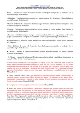 Visione 6000 - Grande Israele
Induve ùn ci hè visione, u populu perisce: ma quellu chì osserva a lege, felice hè ellu. Pruverbii 29:18
Benedetta a nazione chì u so Diu hè u Signore, è u populu ch'ellu hà sceltu per a so eredità. Salmu 33:12
2
• Iraq - L'abitanti di u sudu è di l'ovest di u fiume Eufrate ponu immigrà à u so nordu è à l'est o
seguità l'esempiu di i Gabaoniti .
• Ghjordanu - Tutti l'abitanti ponu immigrà in a regione nord-est di a Siria (sopra u fiume Eufrate) o
seguità l'esempiu di i Gabaoniti .
• Kuwait - L'abitanti di a parte nordu affettata di u guvernatoratu di Jahra puderanu immigrà à u sudu
o seguità l'esempiu di i Gabaoniti .
• Libanu - Tutti l'abitanti ponu immigrà in a regione nord-est di a Siria (sopra u fiume Eufrate) o
seguità l'esempiu di i Gabaoniti .
• Palestina - Tutti l'abitanti ponu immigrà à punente di u fiume Nilu o in a regione nord-est di a Siria
(sopra u fiume Eufrate) o à a parte sud di l'Arabia Saudita o seguitate l'esempiu di i Gabaoniti .
• Arabia Saudita - L'abitanti di a parte nord affettata puderanu immigrà à u sudu o seguità l'esempiu
di i Gabaoniti .
• Siria - L'abitanti di u sudu è di l'ovest di u fiume Eufrate ponu immigrà à u so nordu è à l'est o
seguità l'esempiu di i Gabaoniti .
• Turchia - L'abitanti di a parte sud-orientale affettata puderanu immigrà à u nordu o seguità
l'esempiu di i Gabaoniti .
• I Cristiani - I citatini di u Regnu di Diu devenu predicà, proclamà è publicà persistentemente u
vangelu à l'altri 10 stati è trà tutte e nazioni.
Voi site u sale di a terra; ma s'è u sale perde u so sapore, cù chì serà salatu ? Da tandu ùn serve à
nunda, fora di esse ghjittatu fora è calpestatu da l'omi. Voi site a luce di u mondu. Una cità chì hè
posta sopra una muntagna ùn pò esse piattata. Nè si accende una candela per mette la sottu à un
moghju, ma sopra un candelabru; è dà luce à tutti quelli chì sò in casa. Chì a vostra luce brilli cusì
davanti à l'omi, affinchì vedanu e vostre bone opere è glorifichinu u vostru Babbu chì hè in celu.
Matteu 5:13-16
È Ghjesù s'avvicinò è disse à elli: Ogni putere mi hè statu datu in celu è in terra. Andate dunque, è
insegnate à tutte e nazioni, battezzenduli in nome di u Babbu, è di u Figliolu, è di u Spìritu Santu,
insignenduli à osservà tutte e cose chì vi aghju urdinatu. È eccu, sò cun voi tutti i ghjorni, finu à a
fine di u mondu. Amen. Matteu 28:18-20
È u vangelu deve prima esse publicatu trà tutte e nazioni. Marcu 13:10
È disse à elli: Andate in tuttu u mondu, è predicate u vangelu à ogni criatura. Quellu chì crede è hè
battezzatu serà salvu; ma quellu chì ùn crede micca serà dannatu. È questi segni accumpagneranu
quelli chì credenu: In u mo nome scacceranu i diavuli; parleranu in lingue nove; piglieranu serpenti;
è s'elli bevenu qualcosa di mortale, ùn li ferà male; metteranu e mani nantu à i malati, è guariranu.
Cusì dopu chì u Signore ebbe parlatu cun elli, fù ricevutu in celu, è si pusò à a diritta di Diu. È
andavanu, è predicavanu in ogni locu, u Signore travagliendu cun elli, è cunfirmendu a parolla cù
segni chì seguitavanu. Amen. Marcu 16:15-20
 