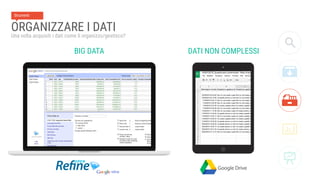 ORGANIZZARE I DATI
Una volta acquisiti i dati come li organizzo/gestisco?
Strumenti
DATI NON COMPLESSIBIG DATA
 