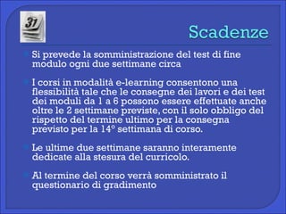 Si prevede la somministrazione del test di fine modulo ogni due settimane circa I corsi in modalità e-learning consentono una flessibilità tale che le consegne dei lavori e dei test dei moduli da 1 a 6 possono essere effettuate anche oltre le 2 settimane previste, con il solo obbligo del rispetto del termine ultimo per la consegna previsto per la 14° settimana di corso. Le ultime due settimane saranno interamente dedicate alla stesura del curricolo. Al termine del corso verrà somministrato il questionario di gradimento 