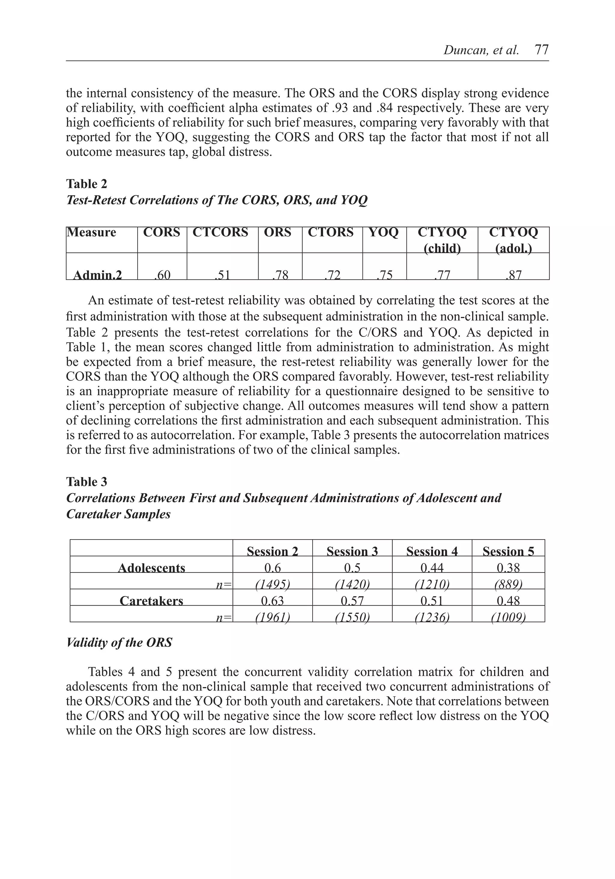 Duncan, et al.  77


the internal consistency of the measure. The ORS and the CORS display strong evidence
of reliability, with coefficient alpha estimates of .93 and .84 respectively. These are very
high coefficients of reliability for such brief measures, comparing very favorably with that
reported for the YOQ, suggesting the CORS and ORS tap the factor that most if not all
outcome measures tap, global distress.

Table 2
Test-Retest Correlations of The CORS, ORS, and YOQ

Measure        CORS CTCORS            ORS      CTORS      YOQ       CTYOQ         CTYOQ
                                                                     (child)       (adol.)

 Admin.2         .60        .51         .78       .72       .75        .77           .87
     An estimate of test-retest reliability was obtained by correlating the test scores at the
first administration with those at the subsequent administration in the non-clinical sample.
Table 2 presents the test-retest correlations for the C/ORS and YOQ. As depicted in
Table 1, the mean scores changed little from administration to administration. As might
be expected from a brief measure, the rest-retest reliability was generally lower for the
CORS than the YOQ although the ORS compared favorably. However, test-rest reliability
is an inappropriate measure of reliability for a questionnaire designed to be sensitive to
client’s perception of subjective change. All outcomes measures will tend show a pattern
of declining correlations the first administration and each subsequent administration. This
is referred to as autocorrelation. For example, Table 3 presents the autocorrelation matrices
for the first five administrations of two of the clinical samples.

Table 3
Correlations Between First and Subsequent Administrations of Adolescent and
Caretaker Samples

                                   Session 2      Session 3       Session 4      Session 5
          Adolescents                 0.6            0.5            0.44            0.38
                             n=     (1495)         (1420)          (1210)          (889)
          Caretakers                 0.63           0.57            0.51            0.48
                             n=     (1961)         (1550)          (1236)         (1009)
Validity of the ORS

	 Tables 4 and 5 present the concurrent validity correlation matrix for children and
adolescents from the non-clinical sample that received two concurrent administrations of
the ORS/CORS and the YOQ for both youth and caretakers. Note that correlations between
the C/ORS and YOQ will be negative since the low score reflect low distress on the YOQ
while on the ORS high scores are low distress.
 