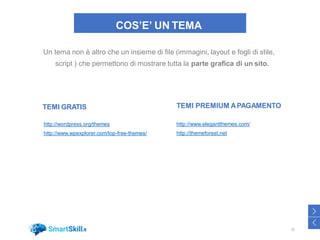 COS’E’ UN TEMA
Un tema non è altro che un insieme di file (immagini, layout e fogli di stile,
script ) che permettono di mostrare tutta la parte grafica di un sito.
TEMI GRATIS TEMI PREMIUM APAGAMENTO
http://wordpress.org/themes
http://www.wpexplorer.com/top-free-themes/
http://www.elegantthemes.com/
http://themeforest.net
31
>
<
 