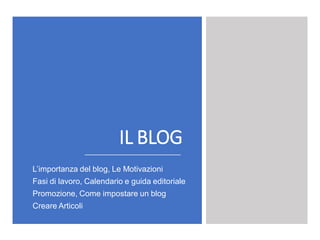 IL BLOG
41
L’importanza del blog, Le Motivazioni
Fasi di lavoro, Calendario e guida editoriale
Promozione, Come impostare un blog
Creare Articoli
 