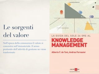 Le sorgenti
del valore
Nell’epoca della conoscenza il valore si
concentra sull’immateriale. Il senso
profondo dell’attività di gestione ne viene
trasformato
 