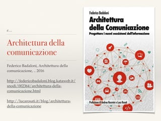 e…
Architettura della
comunicazione
Federico Badaloni, Architettura della
comunicazione, .. 2016
http://federicobadaloni.blog.kataweb.it/
snodi/002364/architettura-della-
comunicazione.html
http://lucarosati.it/blog/architettura-
della-comunicazione
 
