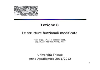 Lezione 8

Le strutture funzionali modificate
       (Cap. 6: pp. 196-214, Decastri, 2011,
        Cap. 15, pp. 486-496, Airoldi, 205)




         Università Trieste
    Anno Accademico 2011/2012
                                               1
 