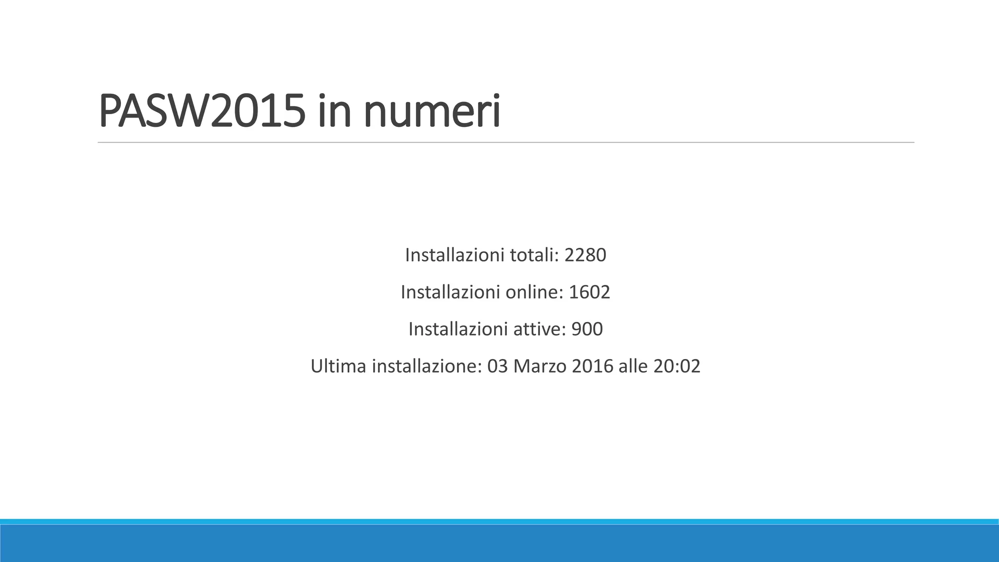 PASW2015 in numeri
Installazioni totali: 2280
Installazioni online: 1602
Installazioni attive: 900
Ultima installazione: 03 Marzo 2016 alle 20:02
 