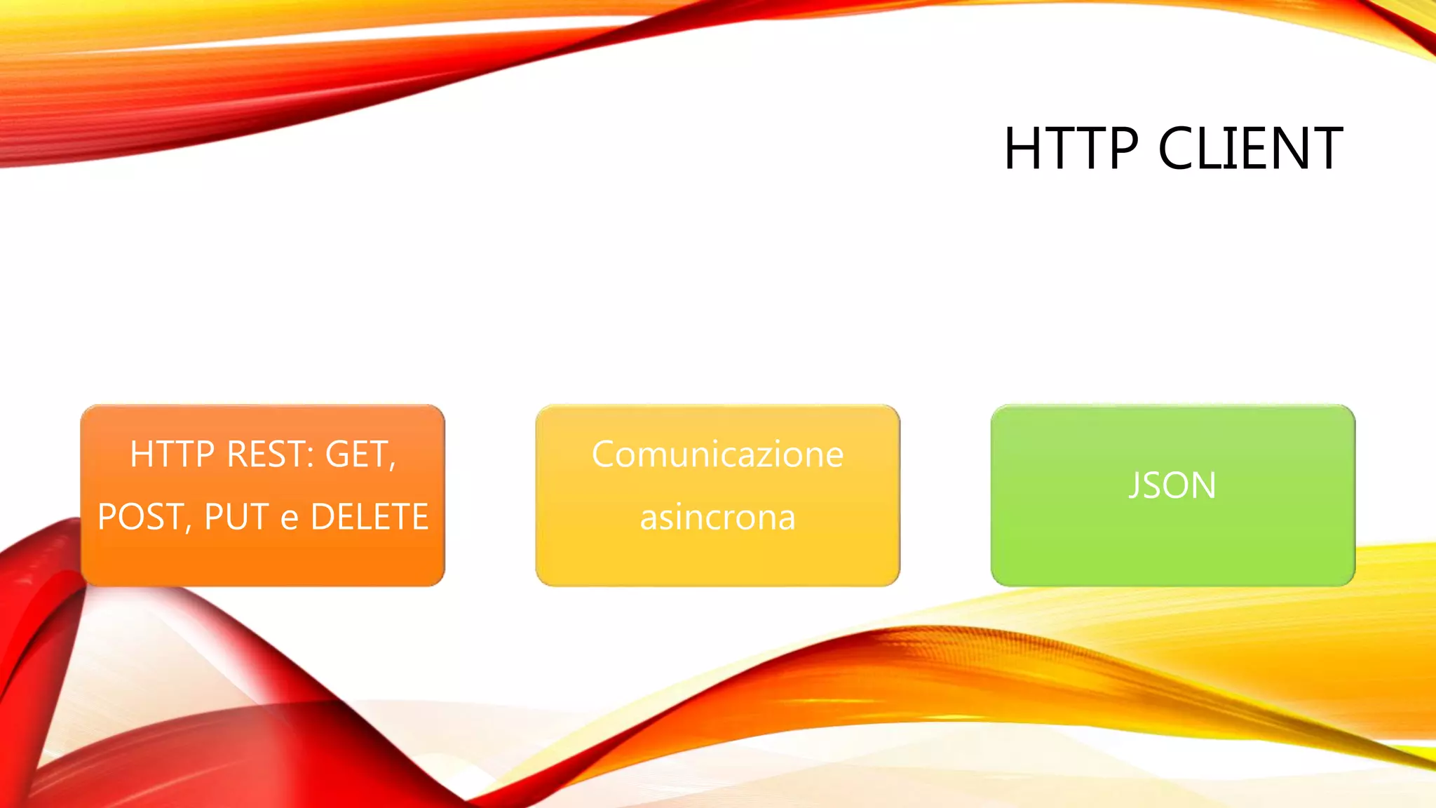 HTTP CLIENT
HTTP REST: GET,
POST, PUT e DELETE
Comunicazione
asincrona
JSON
 