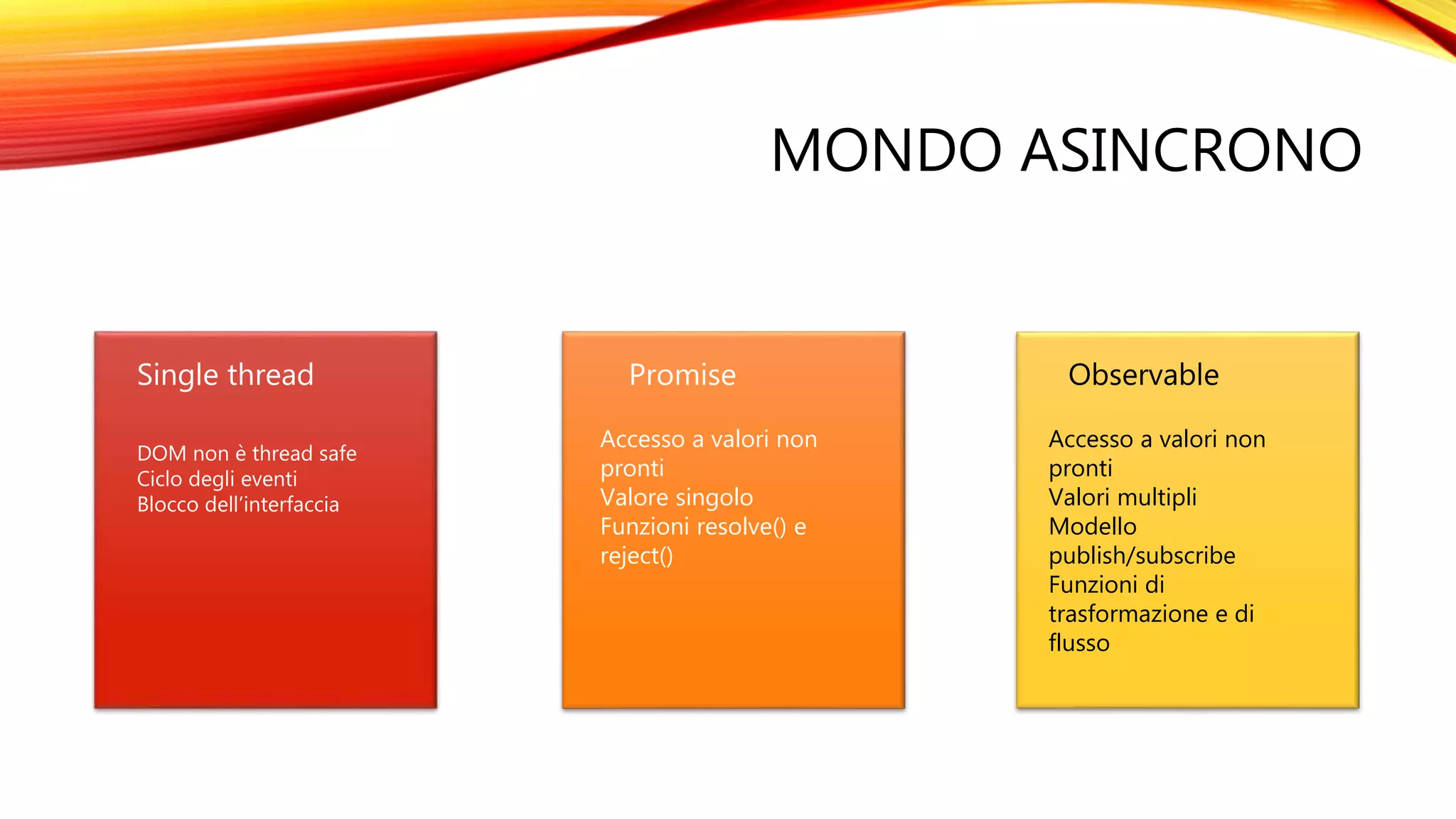 MONDO ASINCRONO
Single thread Promise Observable
DOM non è thread safe
Ciclo degli eventi
Blocco dell’interfaccia
Accesso a valori non
pronti
Valore singolo
Funzioni resolve() e
reject()
Accesso a valori non
pronti
Valori multipli
Modello
publish/subscribe
Funzioni di
trasformazione e di
flusso
 