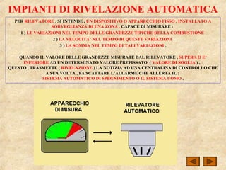 IMPIANTI DI RIVELAZIONE AUTOMATICA
PER RILEVATORE , SI INTENDE , UN DISPOSITIVO O APPARECCHIO FISSO , INSTALLATO A
SORVEGLIANZA DI UNA ZONA , CAPACE DI MISURARE :
1 ) LE VARIAZIONI NEL TEMPO DELLE GRANDEZZE TIPICHE DELLA COMBUSTIONE
2 ) LA VELOCITA’ NEL TEMPO DI QUESTE VARIAZIONI
3 ) LA SOMMA NEL TEMPO DI TALI VARIAZIONI .
QUANDO IL VALORE DELLE GRANDEZZE MISURATE DAL RILEVATORE , SUPERA O E’
INFERIORE AD UN DETERMINATO VALORE PREFISSATO ( VALORE DI SOGLIA ) ,
QUESTO , TRASMETTE ( RIVELAZIONE ) LA NOTIZIA AD UNA CENTRALINA DI CONTROLLO CHE
A SUA VOLTA , FA SCATTARE L’ALLARME CHE ALLERTA IL :
SISTEMA AUTOMATICO DI SPEGNIMENTO O IL SISTEMA UOMO .
 
