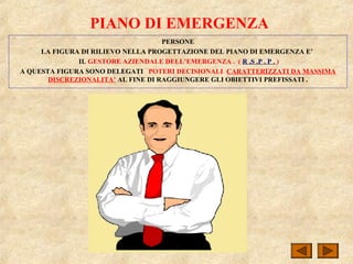 PIANO DI EMERGENZA
PERSONE
LA FIGURA DI RILIEVO NELLA PROGETTAZIONE DEL PIANO DI EMERGENZA E’
IL GESTORE AZIENDALE DELL’EMERGENZA . ( R .S .P . P . )
A QUESTA FIGURA SONO DELEGATI POTERI DECISIONALI CARATTERIZZATI DA MASSIMA
DISCREZIONALITA’ AL FINE DI RAGGIUNGERE GLI OBIETTIVI PREFISSATI .
 