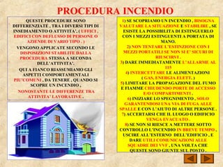 PROCEDURA INCENDIO
QUESTE PROCEDURE SONO
DIFFERENZIATE , TRA I DIVERSI TIPI DI
INSEDIAMENTO O ATTIVITA’, ( UFFICI ,
EDIFICI CON DEFLUSSO DI PERSONE O
AZIENDE DI VARIO TIPO . )
VENGONO APPLICATE SECONDO LE
DISPOSIZIONI STABILITE DALLA
PROCEDURA STESSA A SECONDA
DELL’ATTIVITA’.
QUI A FIANCO RIASSUMIAMO GLI
ASPETTI COMPORTAMENTALI
PIU’COMUNI , DA TENERE , QUANDO SI
SCOPRE UN INCENDIO ,
NONOSTANTE LE DIFFERENZE TRA
ATTIVITA’ LAVORATIVE .
1) SE SCOPRIAMO UN INCENDIO , BISOGNA
VALUTARE LA SITUAZIONE E STABILIRE , SE
ESISTE LA POSSIBILITA DI ESTINGUERLO
CON I MEZZI ESTINGUENTI A PORTATA DI
MANO.
2) NON TENTARE L’ESTINZIONE CON I
MEZZI PORTATILI SE NON SI E’ SICURI DI
RIUSCIRVI .
3) DARE IMMEDIATAMENTE L’ALLARME AL
115
4) INTERCETTARE LE ALIMENTAZIONI
( GAS, ENERGIA ELETT. )
5) LIMITARE LA PROPAGAZIONE DEL FUMO
E FIAMME CHIUDENDO PORTE DI ACCESSO
E/O COMPARTIMENTI .
6) INIZIARE LO SPEGNIMENTO , SOLO
GARANTENDOSI UNA VIA DI FUGA ALLE
SPALLE E CON L’AIUTO DI ALTRE PERSONE .
7) ACCERTARSI CHE IL LUOGO O EDIFICIO
VENGA EVACUATO .
8) SE NON SI RIESCE A METTERE SOTTO
CONTROLLO L’INCENDIO IN BREVE TEMPO ,
USCIRE ALL’ESTERNO DELL’EDIFICIO , E
DARE UTILI COMUNICAZIONI ALLE
SQUADRE DEI VVF , UNA VOLTA CHE
QUESTE SONO GIUNTE SUL POSTO .
 