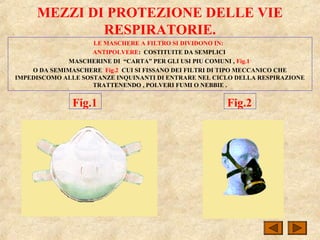 MEZZI DI PROTEZIONE DELLE VIE
RESPIRATORIE.
LE MASCHERE A FILTRO SI DIVIDONO IN:
ANTIPOLVERE: COSTITUITE DA SEMPLICI
MASCHERINE DI “CARTA” PER GLI USI PIU COMUNI , Fig.1
O DA SEMIMASCHERE Fig.2 CUI SI FISSANO DEI FILTRI DI TIPO MECCANICO CHE
IMPEDISCOMO ALLE SOSTANZE INQUINANTI DI ENTRARE NEL CICLO DELLA RESPIRAZIONE
TRATTENENDO , POLVERI FUMI O NEBBIE .
Fig.2Fig.1
 
