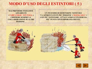 MODO D’USO DEGLI ESTINTORI ( 5 )
MAI PRENDERE INIZIATIVE
AZZARDATE
( FARE L’EROE NON PAGA .)
CHIEDERE SEMPRE LA
COLLABORAZIONE DI ALTRE
PERSONE .
UN INCENDIO DI DIMENSIONI NOTEVOLI
VA AFFRONTATO IN PIU’ PERSONE ( MAI DA SOLI ! )
CON PIU’ ESTINTORI , ATTACCANDO LE FIAMME DA
PIU’ PUNTI CONTEMPORANEAMENTE .
 