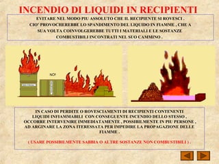INCENDIO DI LIQUIDI IN RECIPIENTI
EVITARE NEL MODO PIU ASSOLUTO CHE IL RECIPIENTE SI ROVESCI .
CIO’ PROVOCHEREBBE LO SPANDIMENTO DEL LIQUIDO IN FIAMME , CHE A
SUA VOLTA COINVOLGEREBBE TUTTI I MATERIALI E LE SOSTANZE
COMBUSTIBILI INCONTRATI NEL SUO CAMMINO .
IN CASO DI PERDITE O ROVESCIAMENTI DI RECIPIENTI CONTENENTI
LIQUIDI INFIAMMABILI CON CONSEGUENTE INCENDIO DELLO STESSO ,
OCCORRE INTERVENIRE IMMEDIATAMENTE , POSSIBILMENTE IN PIU PERSONE ,
AD ARGINARE LA ZONA ITERESSATA PER IMPEDIRE LA PROPAGAZIONE DELLE
FIAMME .
( USARE POSSIBILMENTE SABBIA O ALTRE SOSTANZE NON COMBUSTIBILI ) .
 