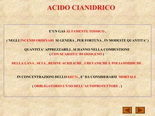 ACIDO CIANIDRICO
E’UN GAS ALTAMENTE TOSSICO ,
( NEGLI INCENDI ORDINARI SI GENERA , PER FORTUNA , IN MODESTE QUANTITA’ )
QUANTITA’ APPREZZABILI , SI HANNO NELLA COMBUSTIONE
( CON SCARSITA’ DI OSSIGENO )
DELLA LANA , SETA , RESINE ACRILICHE , URETANICHE E POLIAMMIDICHE .
IN CONCENTRAZIONI DELLO 0,03 % , E’ DA CONSIDERARSI MORTALE .
( OBBLIGATORIO L’USO DELL’AUTOPROTETTORE . )
 