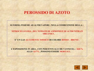 PEROSSIDO DI AZOTO
SI FORMA INSIEME AD ALTRI VAPORI , NELLA COMBUSTIONE DELLA :
NITROCELLULOSA , DEL NITRATO DI AMMONIO E DI ALTRI NITRATI
ORGANICI .
E’ UN GAS ALTAMENTE TOSSICO DI COLORE ROSSO – BRUNO .
L’ESPOSIZIONE IN ARIA , CON PERCENTUALI CHE VANNO DA : 0,02 %
ALLO 0,17% , POSSONO ESSERE MORTALI .
 