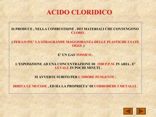 ACIDO CLORIDICO
SI PRODUCE , NELLA COMBUSTIONE , DEI MATERIALI CHE CONTENGONO
CLORO .
( PER LO PIU’ LA STRAGRANDE MAGGIORANZA DELLE PLASTICHE USATE
OGGI. )
E’ UN GAS TOSSICO .
L’ESPOSIZIONE AD UNA CONCENTRAZIONE DI 1500 P.P.M. IN ARIA , E’
LETALE IN POCHI MINUTI .
SI AVVERTE SUBITO PER L’ODORE PUNGENTE .
IRRITA LE MUCOSE , ED HA LA PROPRIETA’ DI CORRODERE I METALLI .
 