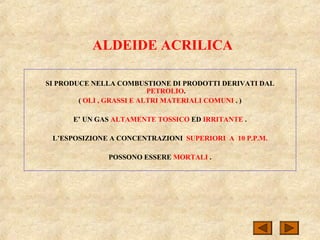 ALDEIDE ACRILICA
SI PRODUCE NELLA COMBUSTIONE DI PRODOTTI DERIVATI DAL
PETROLIO.
( OLI , GRASSI E ALTRI MATERIALI COMUNI . )
E’ UN GAS ALTAMENTE TOSSICO ED IRRITANTE .
L’ESPOSIZIONE A CONCENTRAZIONI SUPERIORI A 10 P.P.M.
POSSONO ESSERE MORTALI .
 