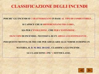 CLASSIFICAZIONE DEGLI INCENDI
POICHE’ GLI INCENDI SI CARATTERIZZANO IN BASE AL TIPO DI COMBUSTIBILE ,
SI CAPISCE CHE SI DIFFERENZIANO TRA LORO ,
SIA PER L’EVOLUZONE , CHE PER L’ESTINZIONE .
OGNI TIPO DI INCENDIO , NECESSITA DI UN ADEGUATO ESTINGUENTE .
PER QUESTO MOTIVO, OLTRE CHE PER ADEGUARSI ALLE NORME EUROPEE IN
MATERIA, IL D. M. DEL 20/12/82 , CLASSIFICA GLI INCENDI .
LE CLASSI SONO 4 PIU’ 1 SOTTOCLASSE.
 