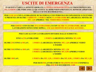 USCITE DI EMERGENZA
IN QUESTA TABELLA SONO ELABORATE (A TITOLO DIMOSTRATIVO) LE PRESCRIZIONI DEL
D.L.vo 626/94 CHE INDICANO: LA QUANTITA’ IL DIMENSIONAMENTO E IL SENSO DI APERTURA
DELLE USCITE DI EMERGENZA .
PER I LOCALI CON LAVORAZIONE DI MATERIALI CON PERICOLO DI ESPLOSIONE O INCENDIO
E PRESENZA DI OLTRE 5 ADDETTI : 1 PORTA OGNI 5 LAVORATORI DI LARGHEZZA MINIMA DI
MT. 1.20 APRIBILE NEL VERSO DELL’ESODO
PER EDIFICI CON OLTRE 25 LAVORATORI ( O CON OLTRE 5 LAVORATORI , SE LE
LAVORAZIONI SONO COME SOPRA ) 2 SCALE DISTINTE DI FACILE ACCESSO .
PER I LOCALI CON LAVORAZIONI DIVERSE DALLE SUDDETTE :
FINO A 25 LAVORATORI 1 PORTA LARGHEZZA MINIMA MT, 0,90
OLTRE 25 E FINO A 50 LAV. 1 PORTA LARGHEZZA MINIMA MT, 1,20 APRIBILE VERSO
L’ESODO
OLTRE 50 E FINO A 100 LAV. 1 PORTA LARGHEZZA MINIMA MT, 1,20
1 PORTA LARGHEZZA MINIMA MT, 0,90 APRIBILI VERSO
L’ESODO
OLTRE 100 LAV. 1 PORTA DA MT, 1,20 , 1 PORTA DA MT, 0,90 , 1 PORTA DA MT, 1,20
PER OGNI 50 LAVORATORI O FRAZIONE DI ESSI COMPRESA
FRA 10 E 50 E ECCEDENTI I 100
 