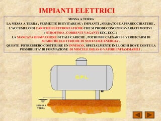 IMPIANTI ELETTRICI
MESSA A TERRA
LA MESSA A TERRA , PERMETTE DI EVITARE SU : IMPIANTI , SERBATOI E APPARECCHIATURE ,
L’ACCUMULO DI CARICHE ELETTROSTATICHE CHE SI PRODUCONO PER SVARIATI MOTIVI :
( STROFINIO , CORRENTI VAGANTI ECC. ECC. )
LA MANCATA DISSIPAZIONE DI TALI CARICHE , POTREBBE CAUSARE IL VERIFICARSI DI
SCARICHE ELETTRICHE DI NOTEVOLE ENERGIA .
QUESTE POTREBBERO COSTITUIRE UN INNESCO , SPECIALMENTE IN LUOGHI DOVE ESISTE LA
POSSIBILITA’ DI FORMAZIONE DI MISCELE DIGAS O VAPORI INFIAMMABILI .
 