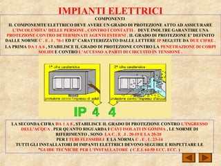 IMPIANTI ELETTRICI
COMPONENTI
IL COMPONEMTE ELETTRICO DEVE AVERE UN GRADO DI PROTEZIONE ATTO AD ASSICURARE
L’INCOLUMITA’ DELLE PERSONE , CONTRO I CONTATTI . DEVE INOLTRE GARANTIRE UNA
PROTEZIONE CONTRO DETERMINATI AGENTI ESTERNI . IL GRADO DI PROTEZIONE E’ DEFINITO
DALLE NORME C . E . I . 70-1 ED E’ CARATTERIZZATO DALLE LETTERE IP SEGUITE DA DUE CIFRE .
LA PRIMA DA 1 A 6 , STABILISCE IL GRADO DI PROTEZIONE CONTRO LA PENETRAZIONE DI CORPI
SOLIDI E CONTRO L’ACCESSO A PARTI DI CIRCUITO IN TENSIONE .
LA SECONDA CIFRA DA 1 A 8 , STABILISCE IL GRADO DI PROTEZIONE CONTRO L’INGRESSO
DELL’ACQUA . PER QUANTO RIGUARDA I CAVI ISOLATI IN GOMMA , LE NORME DI
RIFERIMENTO , SONO LA C . E .I . 20-19 E LA 20-20
PER I TUBI FLESSIBILI E LA NORMA C . E . I . 23-14
TUTTI GLI INSTALLATORI DI IMPANTI ELETTRICI DEVONO SEGUIRE E RISPETTARE LE
”GUIDE TECNICHE PER L’INSTALLATORE ( C.E.I. 64-50 ECC. ECC. )
 