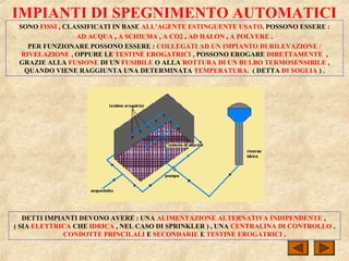 IMPIANTI DI SPEGNIMENTO AUTOMATICI
SONO FISSI , CLASSIFICATI IN BASE ALL’AGENTE ESTINGUENTE USATO. POSSONO ESSERE :
AD ACQUA , A SCHIUMA , A CO2 , AD HALON , A POLVERE .
PER FUNZIONARE POSSONO ESSERE : COLLEGATI AD UN IMPIANTO DI RILEVAZIONE /
RIVELAZIONE , OPPURE LE TESTINE EROGATRICI , POSSONO EROGARE DIRETTAMENTE ,
GRAZIE ALLA FUSIONE DI UN FUSIBILE O ALLA ROTTURA DI UN BULBO TERMOSENSIBILE ,
QUANDO VIENE RAGGIUNTA UNA DETERMINATA TEMPERATURA. ( DETTA DI SOGLIA ) .
DETTI IMPIANTI DEVONO AVERE : UNA ALIMENTAZIONE ALTERNATIVA INDIPENDENTE ,
( SIA ELETTRICA CHE IDRICA , NEL CASO DI SPRINKLER ) , UNA CENTRALINA DI CONTROLLO ,
CONDOTTE PRINCILALI E SECONDARIE E TESTINE EROGATRICI .
 