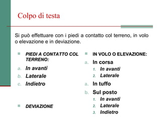 Colpo di testa

Si può effettuare con i piedi a contatto col terreno, in volo
o elevazione e in deviazione.

    PIEDI A CONTATTO COL         IN VOLO O ELEVAZIONE:
     TERRENO:
                               a. In corsa
 a. In avanti                     1. In avanti
 b. Laterale                      2. Laterale

 c. Indietro                   a. In tuffo
                               b. Sul posto
                                  1. In avanti
    DEVIAZIONE                   2. Laterale
                                  3. Indietro
 