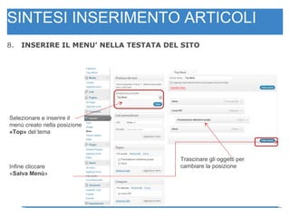 SINTESI INSERIMENTO ARTICOLI 8.  INSERIRE IL MENU’ NELLA TESTATA DEL SITO Selezionare e inserire il menù creato nella posizione  «Top»  del tema Infine cliccare  « Salva Menù » Trascinare gli oggetti per cambiare la posizione 