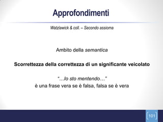 Approfondimenti
                Watzlawick & coll. – Secondo assioma



                   Ambito della semantica

Scorrettezza della correttezza di un significante veicolato

                   “…Io sto mentendo…”
         è una frase vera se è falsa, falsa se è vera




                                                          101
 