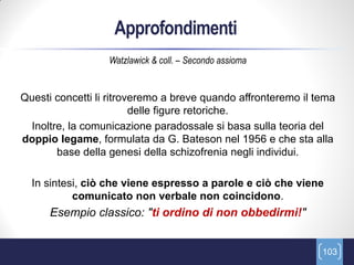Approfondimenti
                  Watzlawick & coll. – Secondo assioma


Questi concetti li ritroveremo a breve quando affronteremo il tema
                         delle figure retoriche.
 Inoltre, la comunicazione paradossale si basa sulla teoria del
doppio legame, formulata da G. Bateson nel 1956 e che sta alla
       base della genesi della schizofrenia negli individui.

  In sintesi, ciò che viene espresso a parole e ciò che viene
           comunicato non verbale non coincidono.
      Esempio classico: "ti ordino di non obbedirmi!"


                                                               103
 