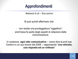 Approfondimenti
                  Watzlawick & coll. – Terzo assioma


                Si può quindi affermare che:

        - non esiste una punteggiatura "oggettiva";
     - anch'essa fa parte degli aspetti di relazione della
                       comunicazione.

In sostanza, ogni atto comunicativo – come dice la prof.ssa
Cortoni in un suo lavoro del 2005 – rappresenta "uno stimolo,
                una risposta ed un rinforzo"


                                                             106
 