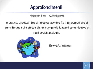 Approfondimenti
                   Watzlawick & coll. – Quinto assioma

In pratica, uno scambio simmetrico avviene fra interlocutori che si
considerano sullo stesso piano, svolgendo funzioni comunicative e
                       ruoli sociali analoghi.



                                      Esempio: internet




                                                                117
 
