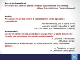 Anastrofe (inversione)
Inversione del normale ordine sintattico degli elementi di una frase.
                                  all‟opre femminili intenta / sedevi (Leopardi)



Antitesi
Accostamento di due termini o espressioni di senso opposto o
contrastante.
                                       Non fronda verde, ma di colore fosco;
                                       non rami schietti, ma nodosi e „nvolti;
                              non pomi v‟eran, ma stecchi con tosco (Dante)
Antonomasia
Uso di un nome comune, un epiteto o una perifrasi al posto di un nome
proprio, per esprimerne una qualità caratterizzante:
                                                  Il Cavaliere (= Berlusconi)
                                                          Il Pelìde (= Achille)
Antonomasia è anche l’uso di un nome proprio al posto di un nome
comune:
                                                     Un Einstein (= un genio)
                                               Un Otello (=un uomo geloso)


                                                                             124
 