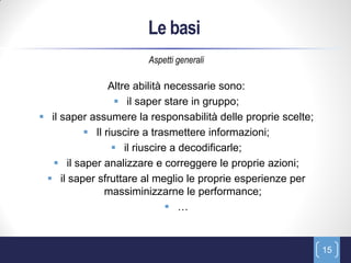 Le basi
                       Aspetti generali

                Altre abilità necessarie sono:
                   il saper stare in gruppo;
 il saper assumere la responsabilità delle proprie scelte;
           Il riuscire a trasmettere informazioni;
                  il riuscire a decodificarle;
    il saper analizzare e correggere le proprie azioni;
  il saper sfruttare al meglio le proprie esperienze per
               massiminizzarne le performance;
                               …


                                                              15
 