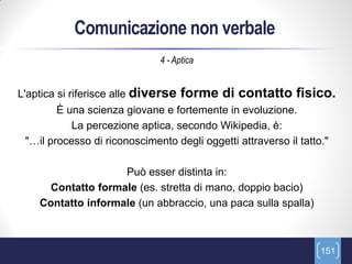 Comunicazione non verbale
                              4 - Aptica


L'aptica si riferisce alle diverse   forme di contatto fisico.
        È una scienza giovane e fortemente in evoluzione.
           La percezione aptica, secondo Wikipedia, è:
 "…il processo di riconoscimento degli oggetti attraverso il tatto."

                    Può esser distinta in:
      Contatto formale (es. stretta di mano, doppio bacio)
    Contatto informale (un abbraccio, una paca sulla spalla)



                                                                  151
 
