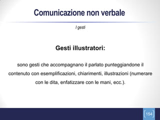 Comunicazione non verbale
                               I gesti



                      Gesti illustratori:

    sono gesti che accompagnano il parlato punteggiandone il
contenuto con esemplificazioni, chiarimenti, illustrazioni (numerare
            con le dita, enfatizzare con le mani, ecc.).




                                                                154
 