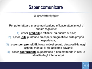 Saper comunicare
                      La comunicazione efficace


  Per poter attuare una comunicazione efficace atteniamoci a
                         queste regolette:
       1) esser credibili e affidabili su quanto si dice;
  2) esser utili, puntando su aspetti pragmatici e sulla propria
                              esperienza;
3) esser comprensibili, integrandosi quanto più possibile negli
               schemi mentali di chi abbiamo davanti;
 4) esser confermanti, supportando e non mettendo in crisi le
                      identità degli interlocutori.


                                                              193
 